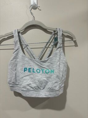 Peloton Lululemon Light Gray Striped Sports Bra with Teal Logo Size 10